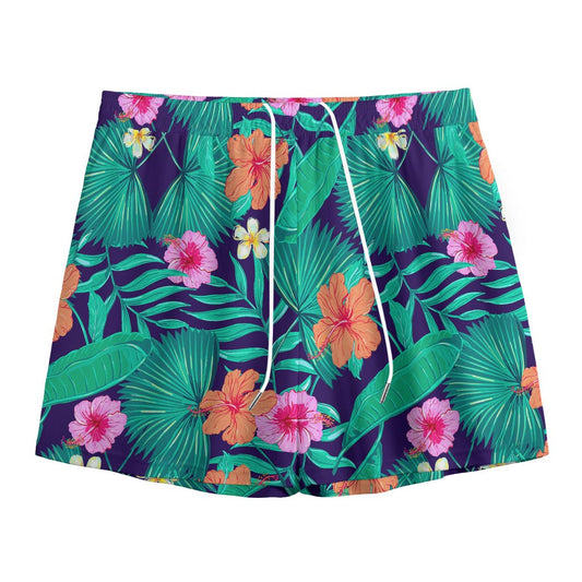 Teal Hawaiian Leaf Flower Pattern Print Mesh Shorts