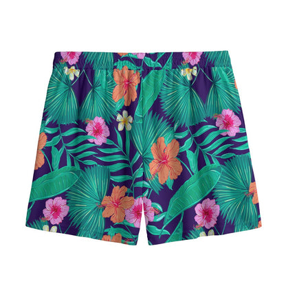 Teal Hawaiian Leaf Flower Pattern Print Mesh Shorts