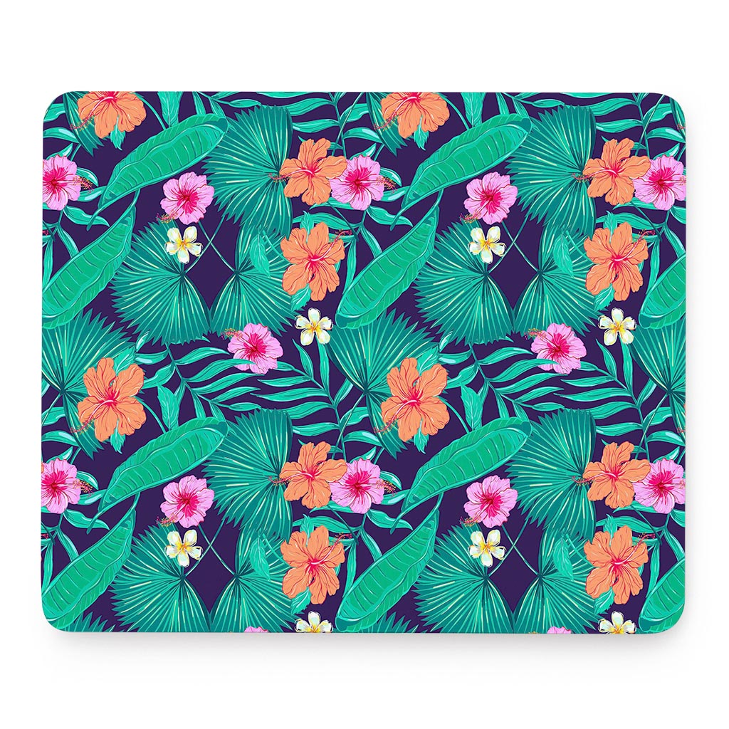 Teal Hawaiian Leaf Flower Pattern Print Mouse Pad