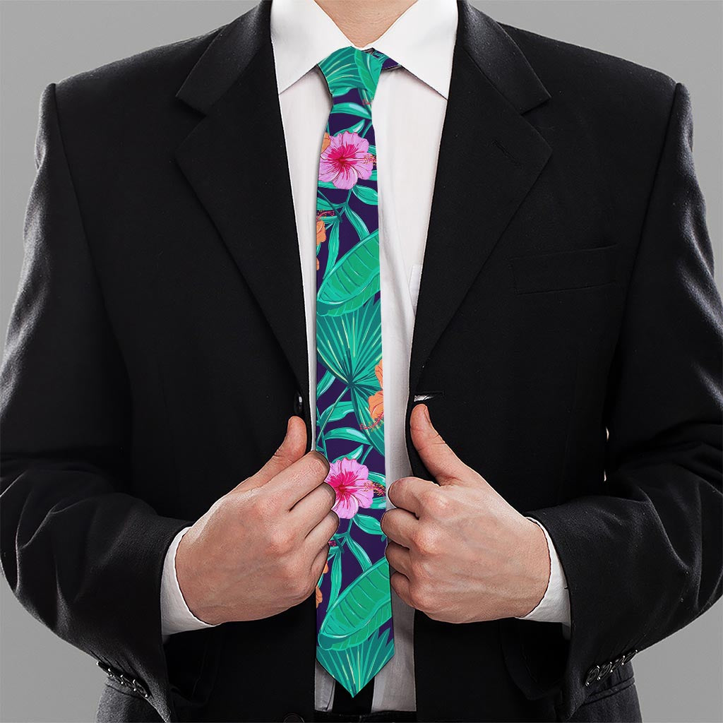 Teal Hawaiian Leaf Flower Pattern Print Necktie