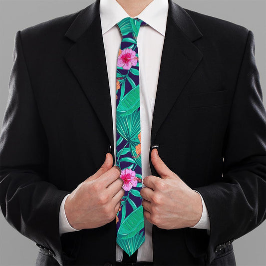 Teal Hawaiian Leaf Flower Pattern Print Necktie