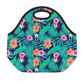 Teal Hawaiian Leaf Flower Pattern Print Neoprene Lunch Bag