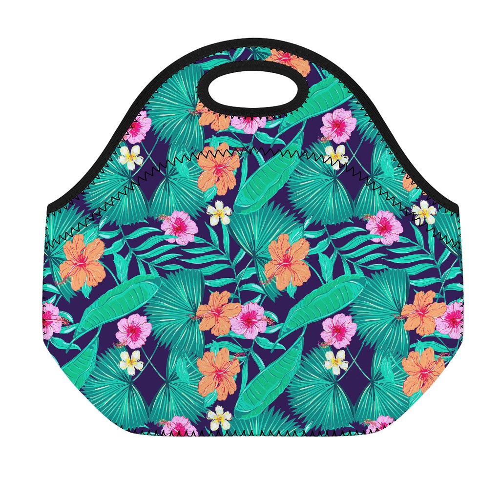 Teal Hawaiian Leaf Flower Pattern Print Neoprene Lunch Bag