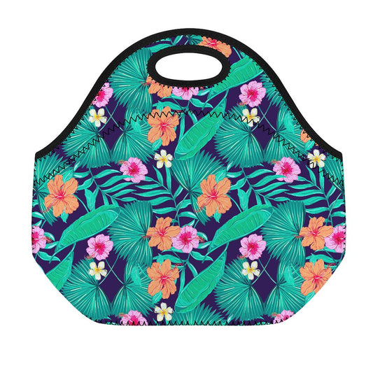 Teal Hawaiian Leaf Flower Pattern Print Neoprene Lunch Bag
