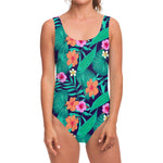 Teal Hawaiian Leaf Flower Pattern Print One Piece Swimsuit