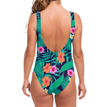 Teal Hawaiian Leaf Flower Pattern Print One Piece Swimsuit