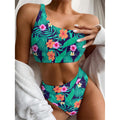 Teal Hawaiian Leaf Flower Pattern Print One Shoulder Bikini Set