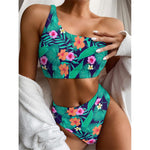Teal Hawaiian Leaf Flower Pattern Print One Shoulder Bikini Top