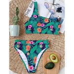 Teal Hawaiian Leaf Flower Pattern Print One Shoulder Bikini Top