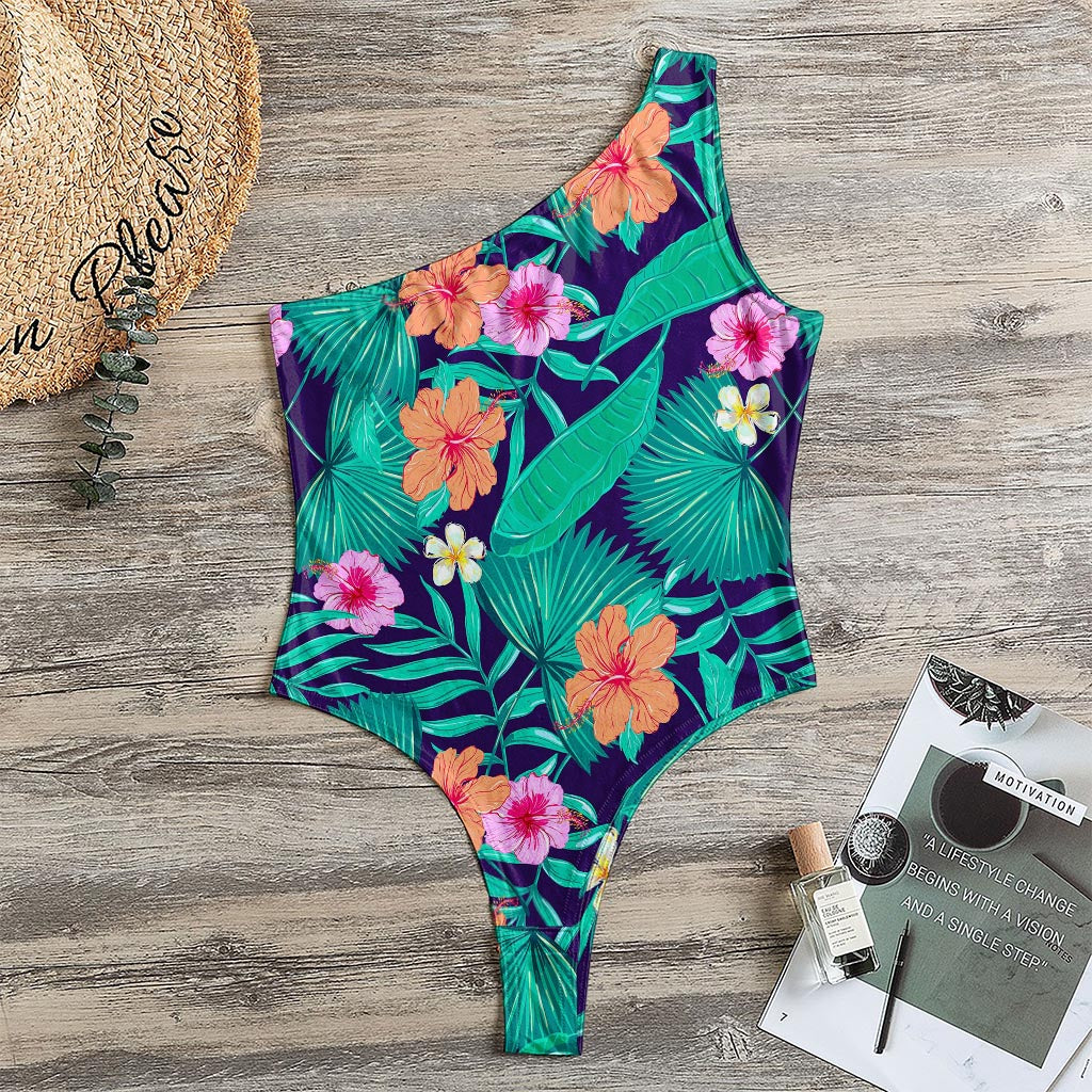Teal Hawaiian Leaf Flower Pattern Print One Shoulder Bodysuit