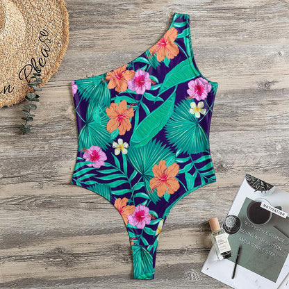 Teal Hawaiian Leaf Flower Pattern Print One Shoulder Bodysuit