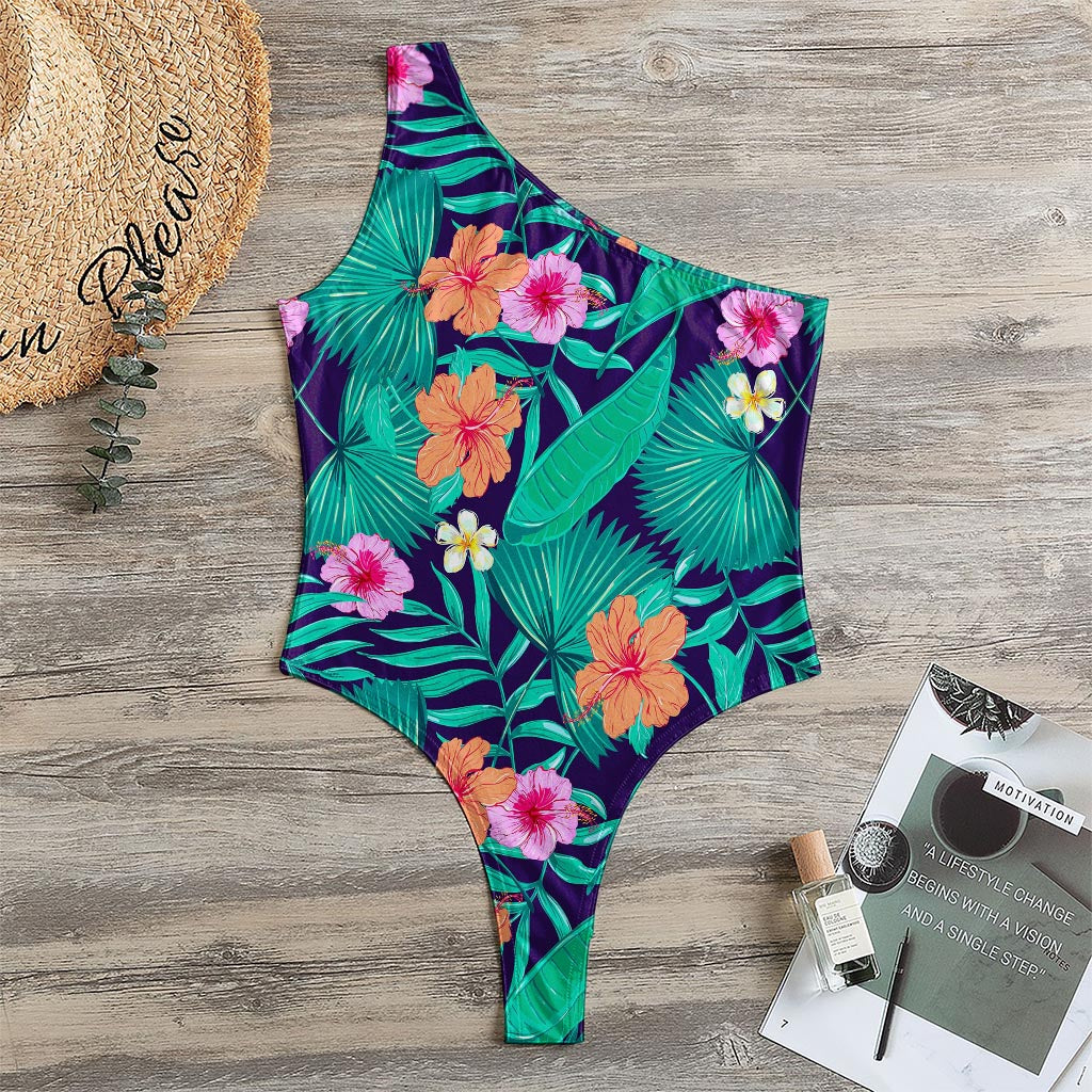 Teal Hawaiian Leaf Flower Pattern Print One Shoulder Bodysuit