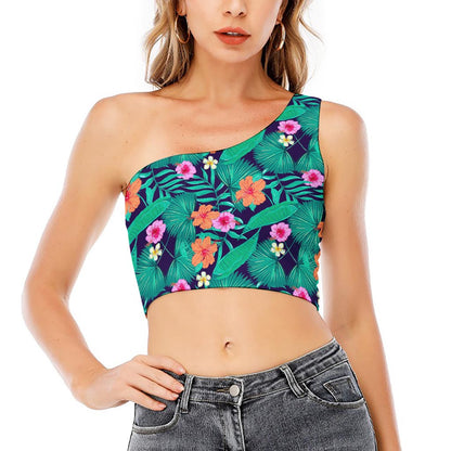 Teal Hawaiian Leaf Flower Pattern Print One Shoulder Crop Top