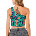 Teal Hawaiian Leaf Flower Pattern Print One Shoulder Crop Top