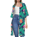 Teal Hawaiian Leaf Flower Pattern Print Open Front Beach Cover Up