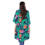 Teal Hawaiian Leaf Flower Pattern Print Open Front Beach Cover Up