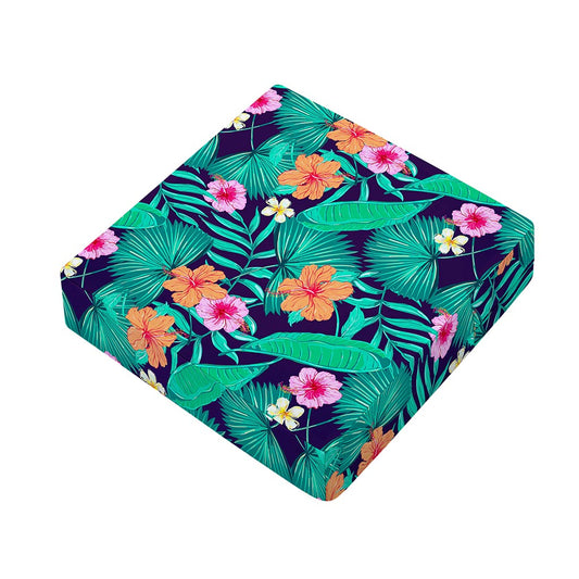Teal Hawaiian Leaf Flower Pattern Print Outdoor Seat Cushion Cover