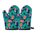 Teal Hawaiian Leaf Flower Pattern Print Oven Mitts