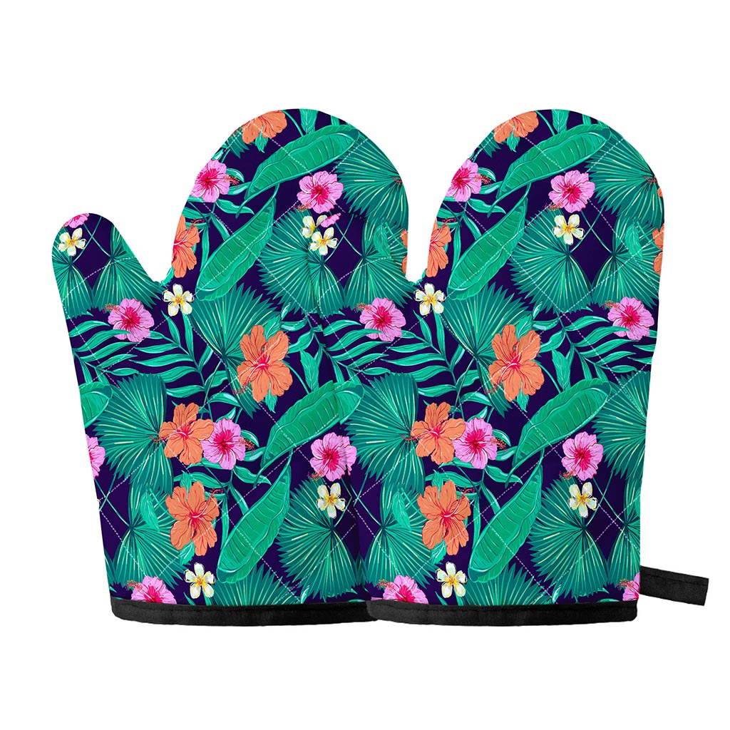 Teal Hawaiian Leaf Flower Pattern Print Oven Mitts