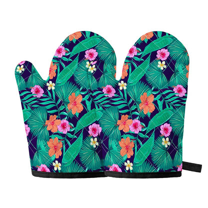 Teal Hawaiian Leaf Flower Pattern Print Oven Mitts
