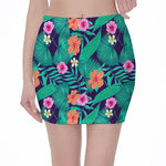Teal Hawaiian Leaf Flower Pattern Print Pencil Mini Skirt
