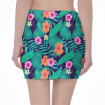 Teal Hawaiian Leaf Flower Pattern Print Pencil Mini Skirt