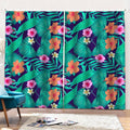Teal Hawaiian Leaf Flower Pattern Print Pencil Pleat Curtains
