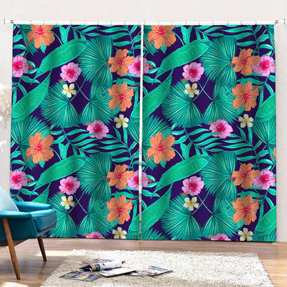 Teal Hawaiian Leaf Flower Pattern Print Pencil Pleat Curtains