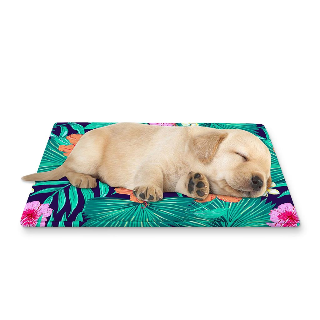 Teal Hawaiian Leaf Flower Pattern Print Pet Cooling Mat Cover