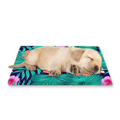 Teal Hawaiian Leaf Flower Pattern Print Pet Cooling Mat Cover