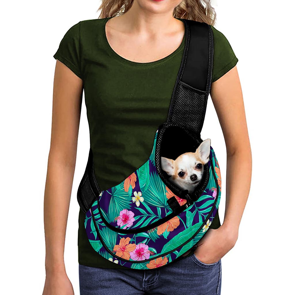 Teal Hawaiian Leaf Flower Pattern Print Pet Sling Carrier