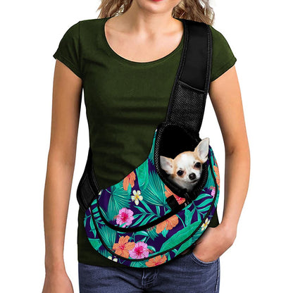 Teal Hawaiian Leaf Flower Pattern Print Pet Sling Carrier