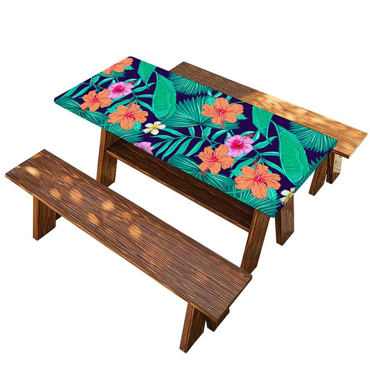 Teal Hawaiian Leaf Flower Pattern Print Picnic Table Cover