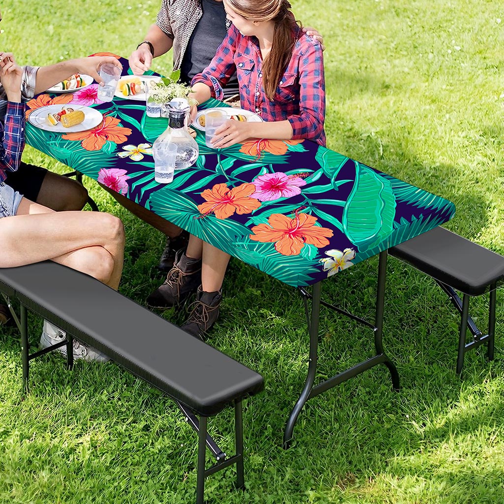 Teal Hawaiian Leaf Flower Pattern Print Picnic Table Cover