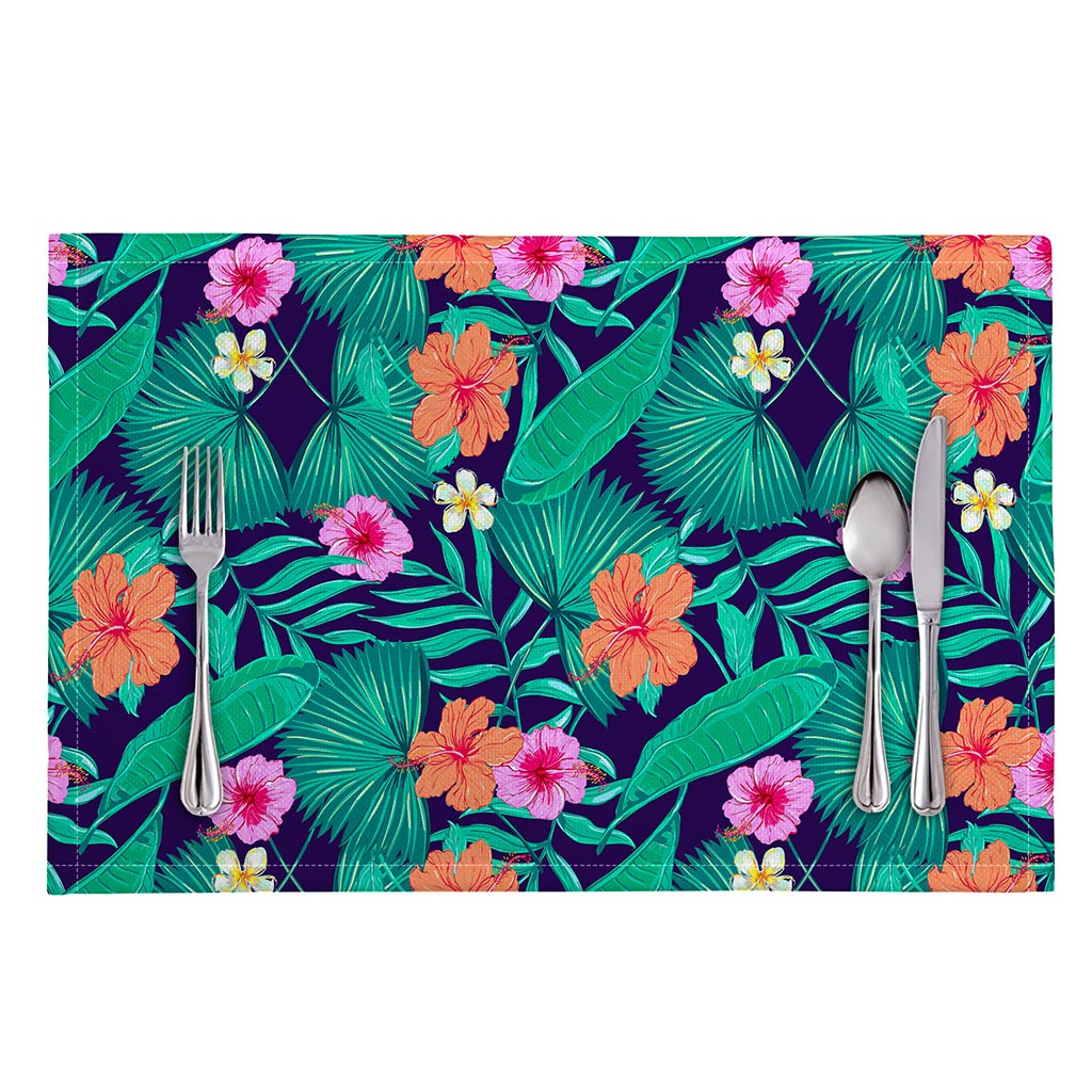 Teal Hawaiian Leaf Flower Pattern Print Placemat