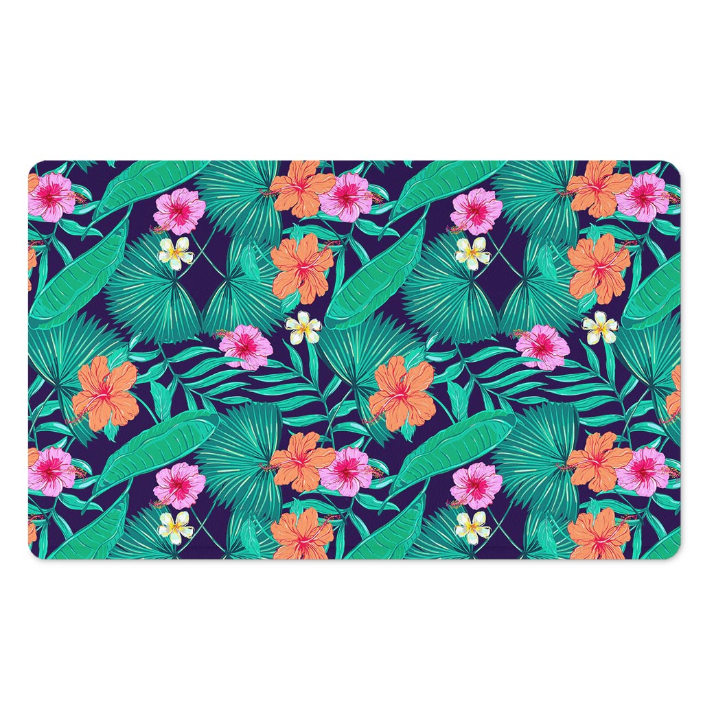 Teal Hawaiian Leaf Flower Pattern Print Polyester Doormat