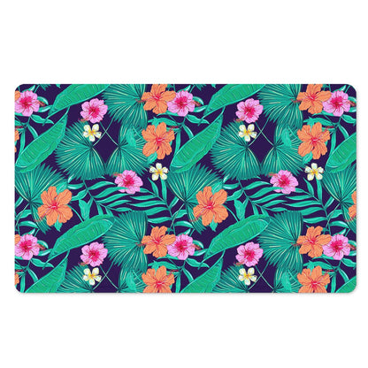 Teal Hawaiian Leaf Flower Pattern Print Polyester Doormat