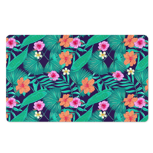 Teal Hawaiian Leaf Flower Pattern Print Polyester Doormat