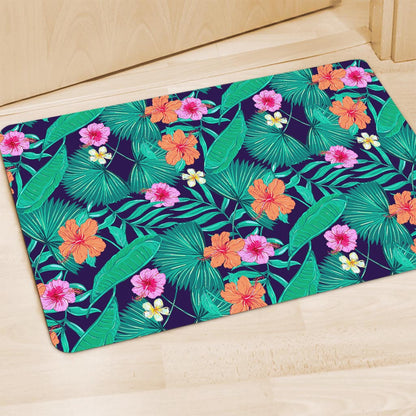 Teal Hawaiian Leaf Flower Pattern Print Polyester Doormat