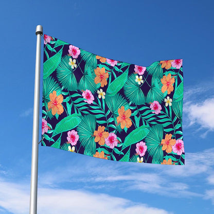 Teal Hawaiian Leaf Flower Pattern Print Polyester Flag