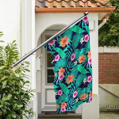 Teal Hawaiian Leaf Flower Pattern Print Polyester Flag