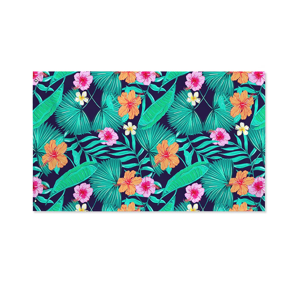 Teal Hawaiian Leaf Flower Pattern Print Polyester Flag