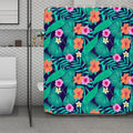 Teal Hawaiian Leaf Flower Pattern Print Polyester Shower Curtain