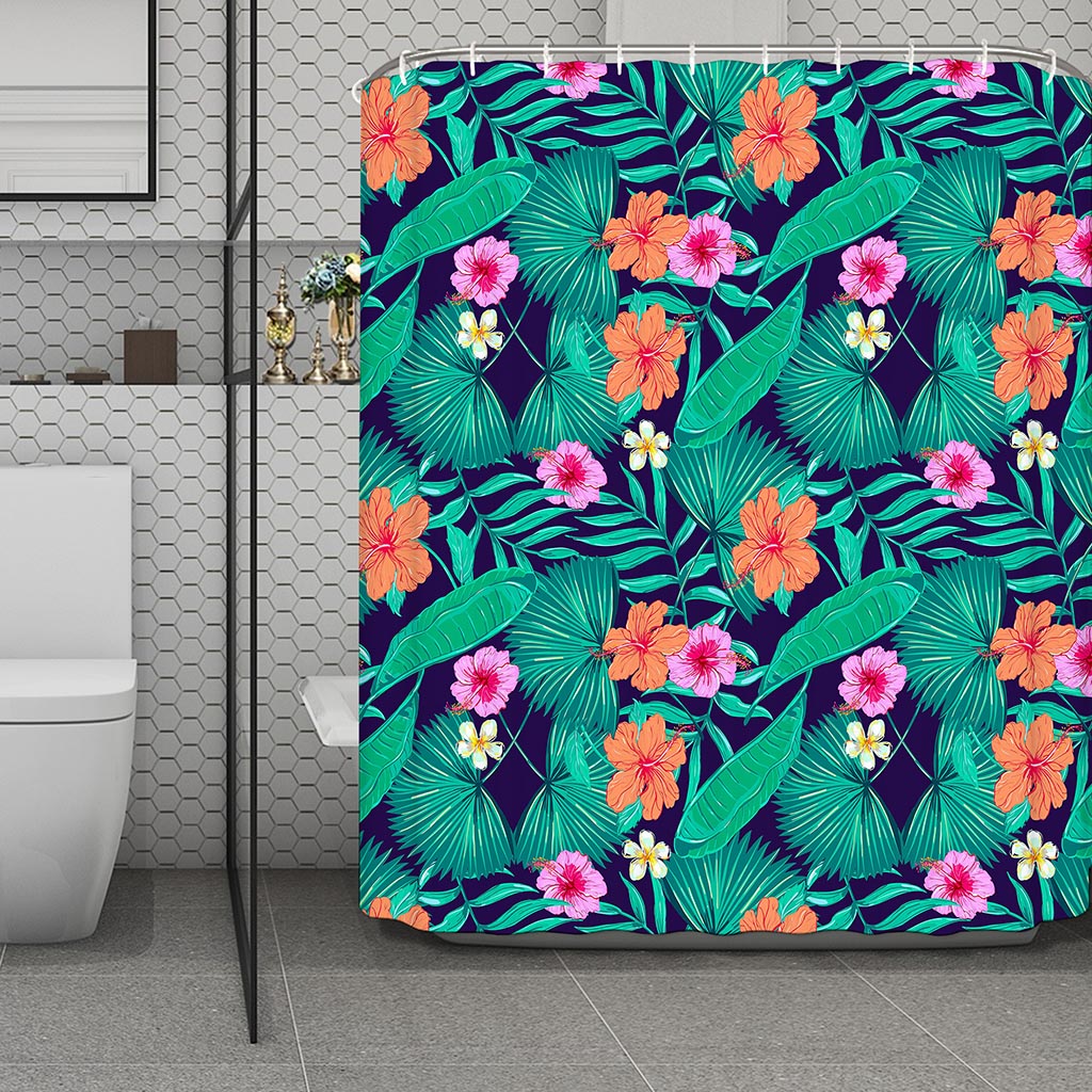Teal Hawaiian Leaf Flower Pattern Print Polyester Shower Curtain