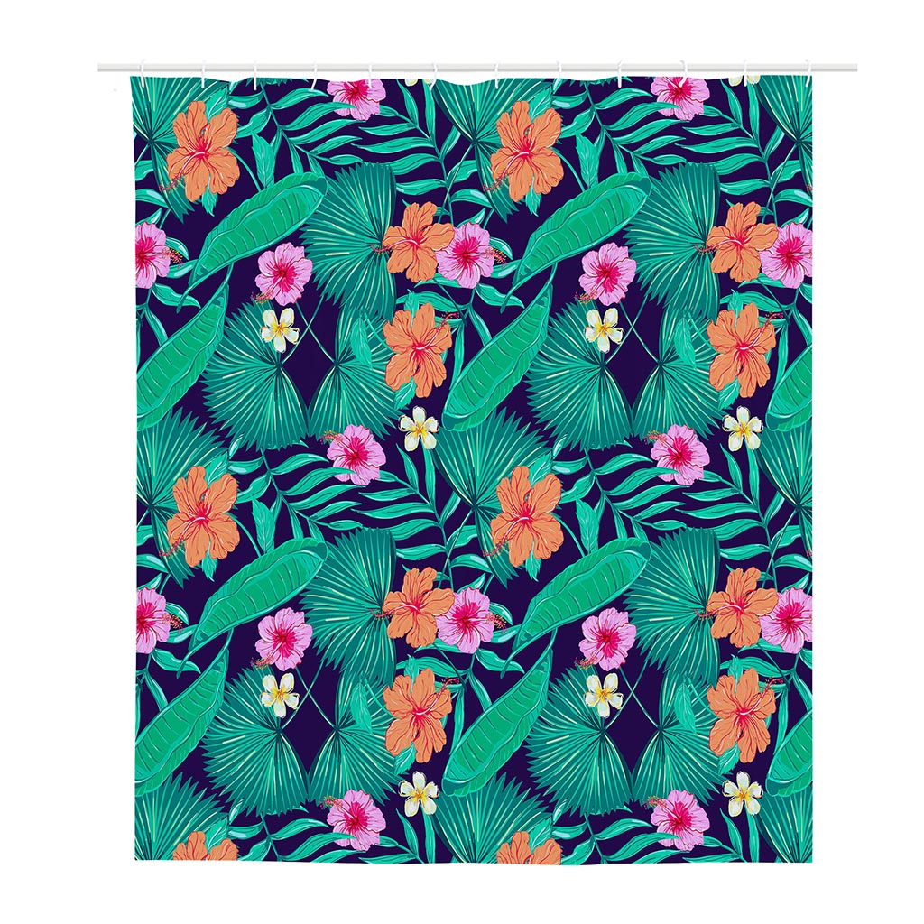 Teal Hawaiian Leaf Flower Pattern Print Polyester Shower Curtain