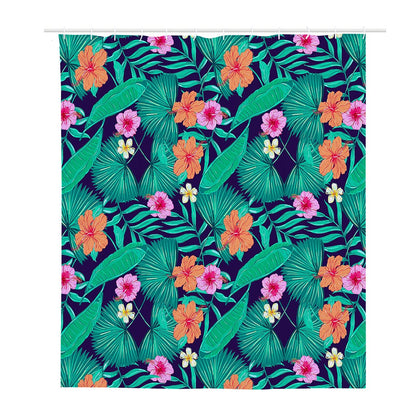 Teal Hawaiian Leaf Flower Pattern Print Polyester Shower Curtain