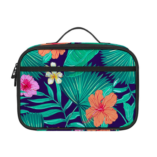 Teal Hawaiian Leaf Flower Pattern Print Portable Lunch Bag