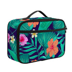 Teal Hawaiian Leaf Flower Pattern Print Portable Lunch Bag