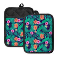 Teal Hawaiian Leaf Flower Pattern Print Pot Holders With Pocket