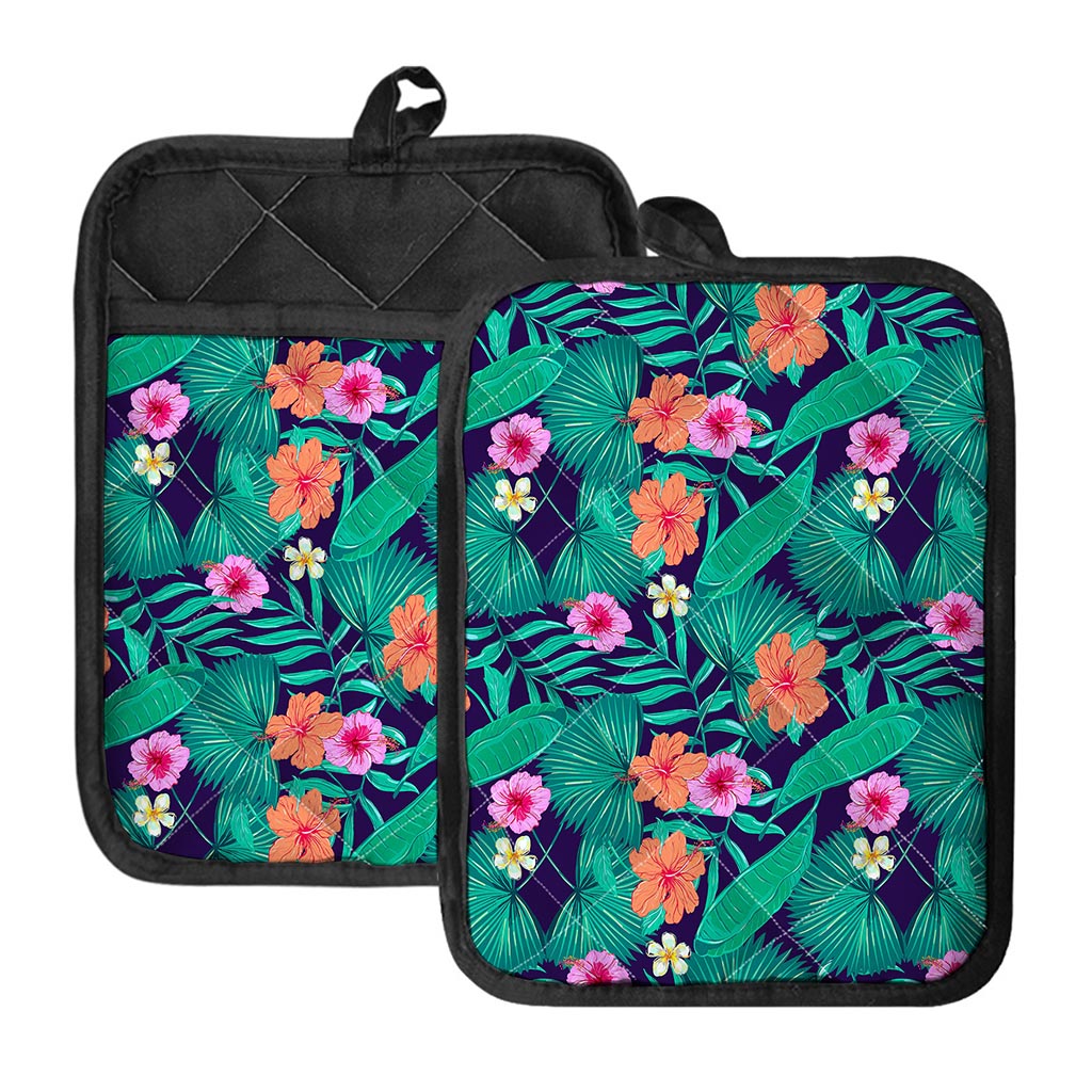 Teal Hawaiian Leaf Flower Pattern Print Pot Holders With Pocket
